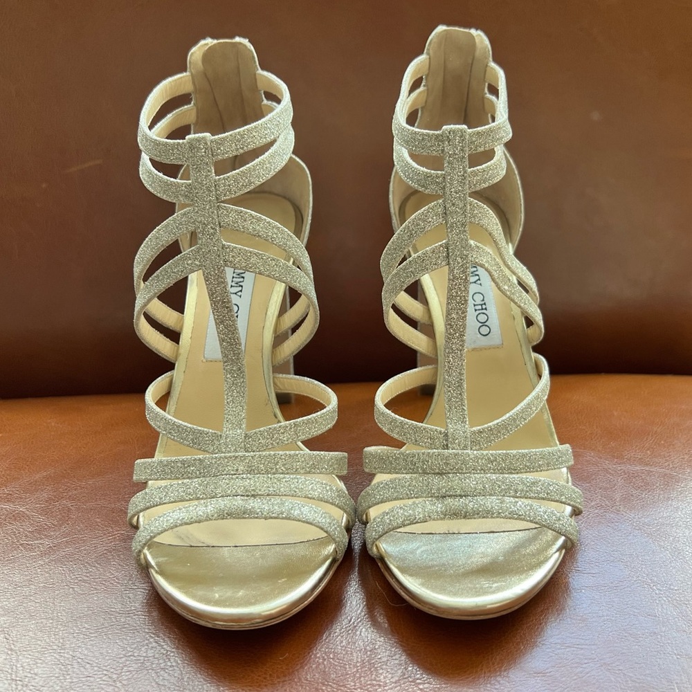 Jimmy Choo Selina 100 Womens Glitter Leather Strappy Sandals